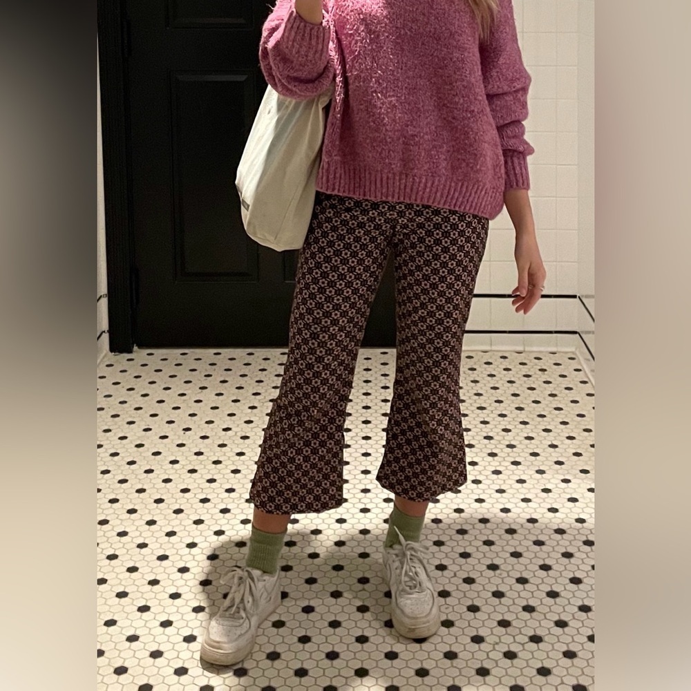 Topshop Cropped Flare Cotton Corduroy Pants with floral Pattern